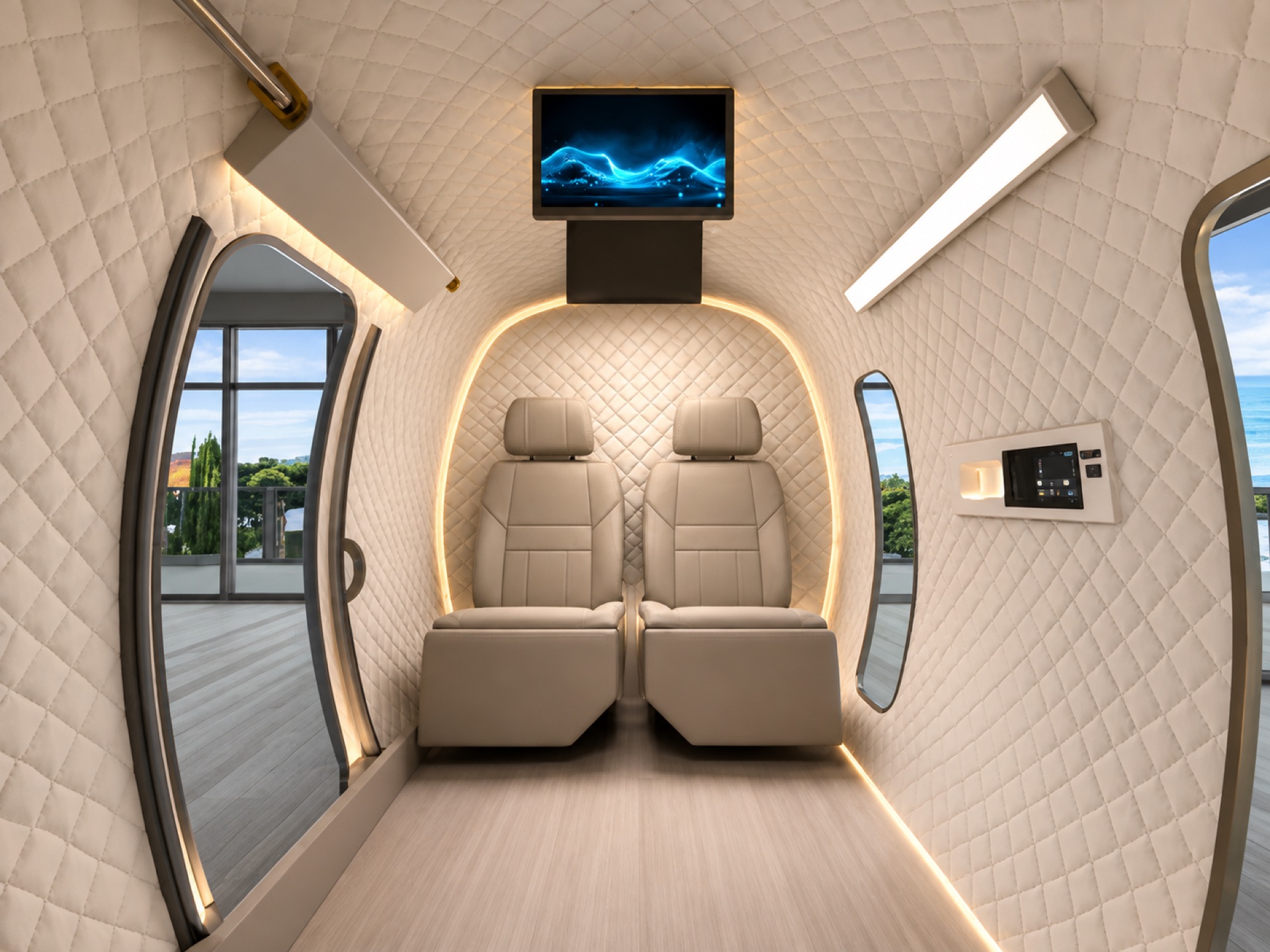 Multi-seat chamber interior with two reclining seats